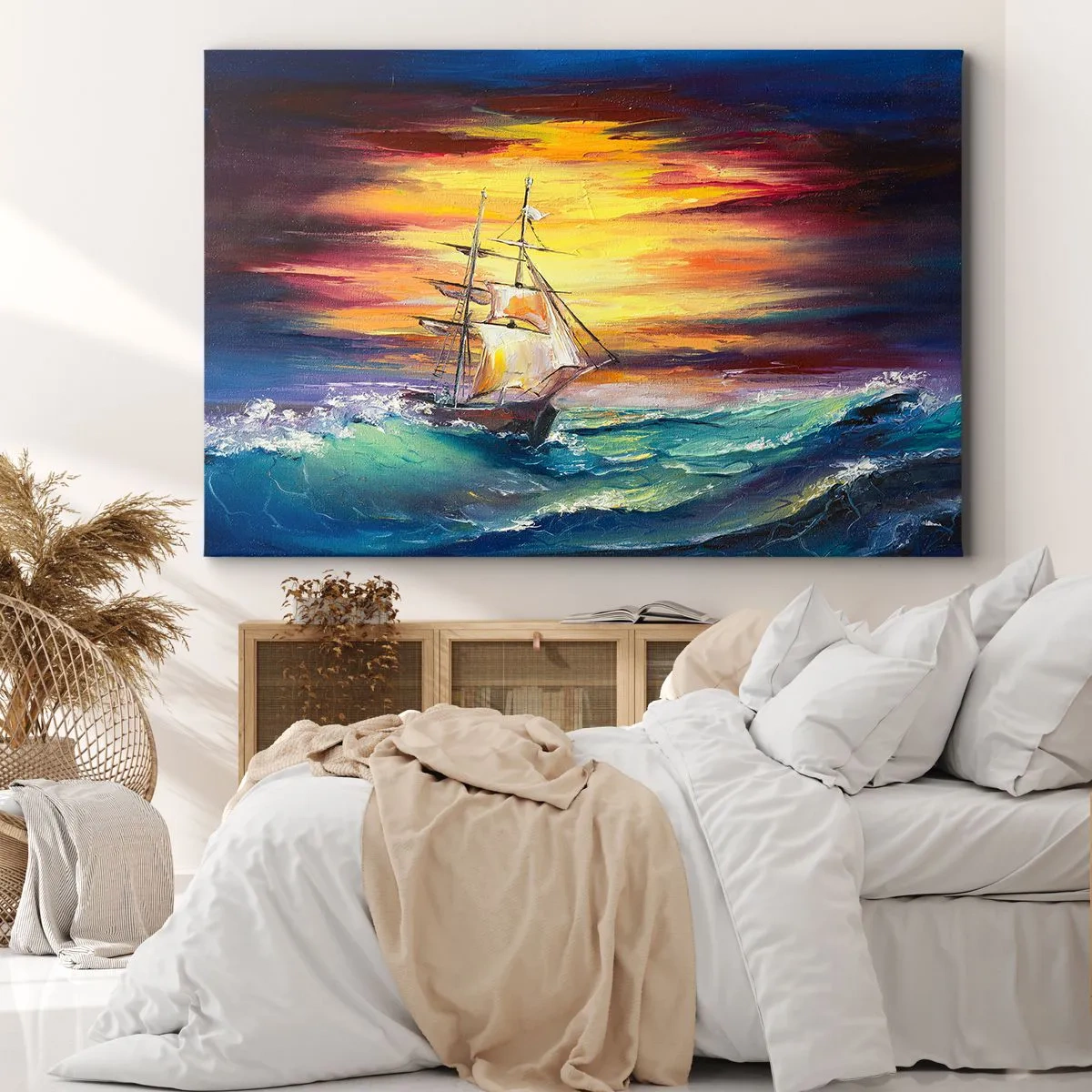 Impression sur toile - Image sur toile - Un voilier sur fond de coucher de soleil coloré - 120x80cm - Courageusement sous les vagues - Décoration murale moderne pour le salon et la chambre ARTTOR