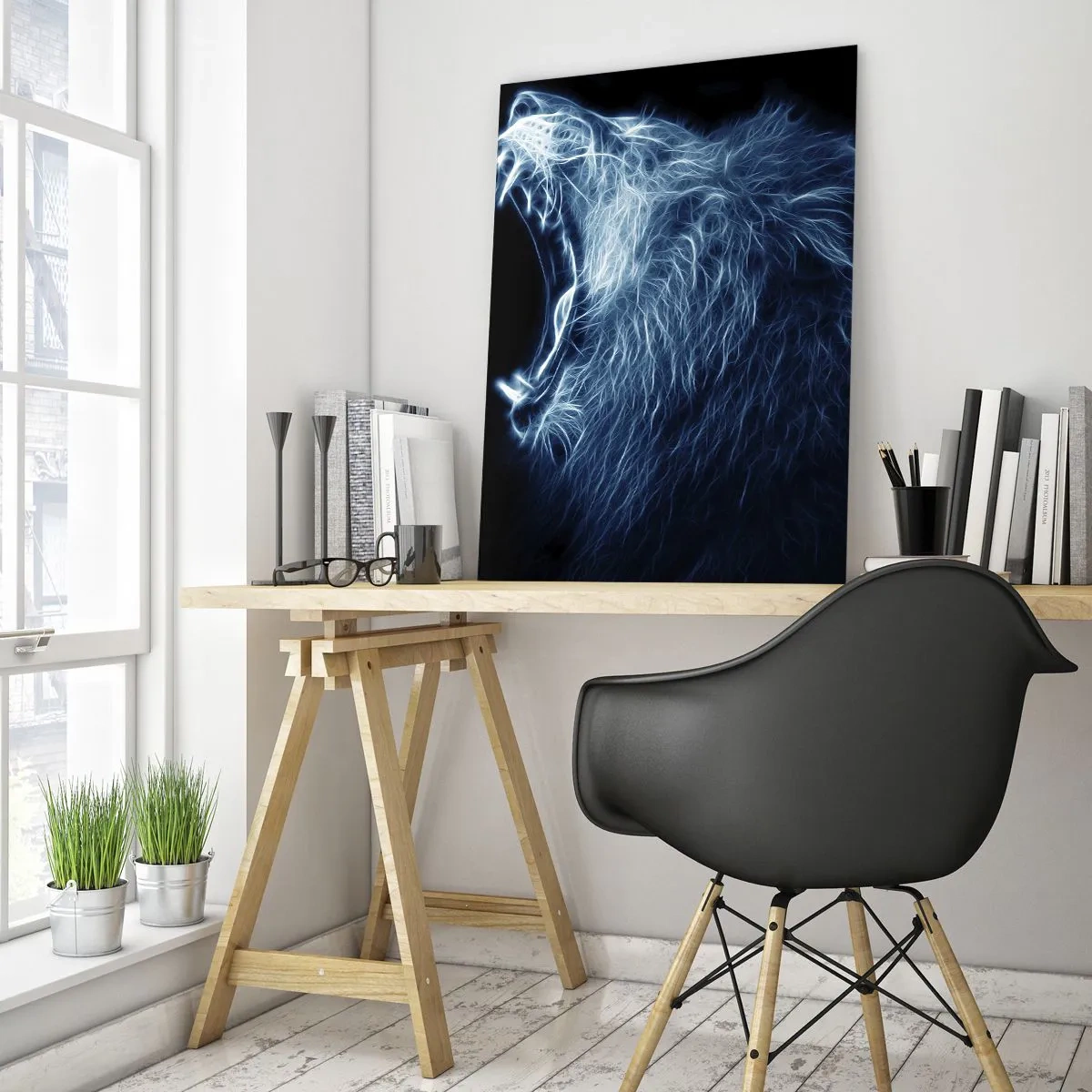 Impression sur verre - Image sur verre - Un visage saisissant de lion dans un style néon - 70x100cm - La colère ardente du roi - Décoration murale moderne pour le salon et la chambre ARTTOR
