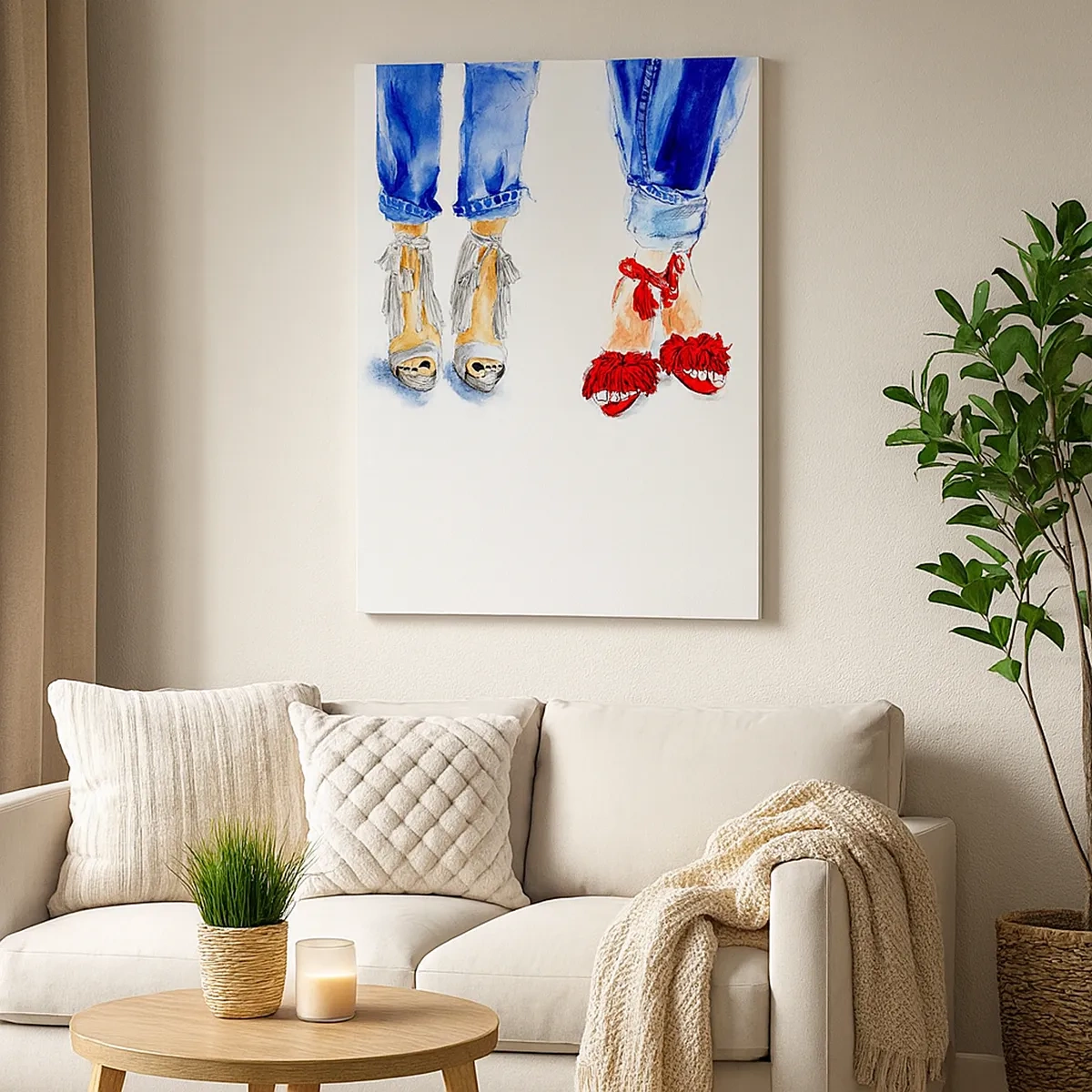Impression sur toile - Image sur toile - Illustration de deux paires de chaussures dans des sandales élégantes et un jean - 50x70cm - Peut-être irons-nous nous promener? - Décoration murale moderne pour le salon et la chambre ARTTOR