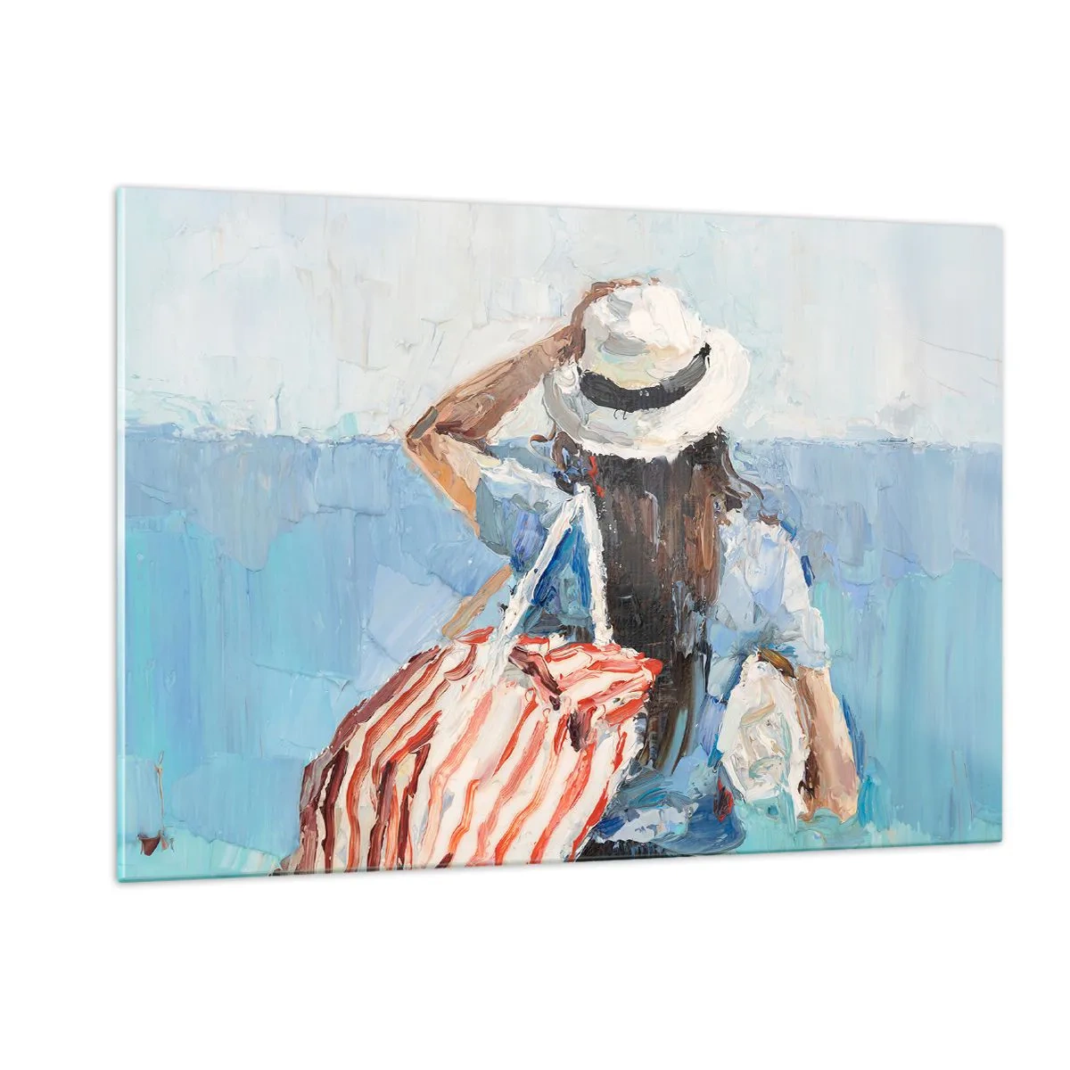 Impression sur verre - Image sur verre - Une femme avec un sac rayé regardant la mer par une journée ensoleillée. - 120x80cm - Bienvenue à vos vacances - Décoration murale moderne pour le salon et la chambre ARTTOR