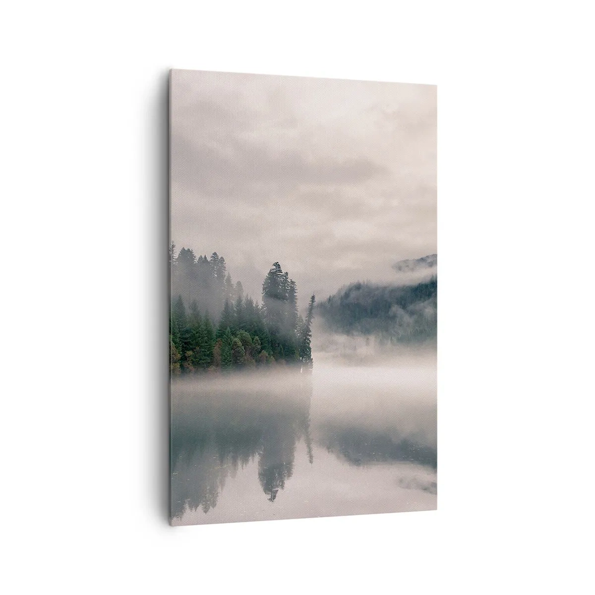 Impression sur toile - Image sur toile - Une forêt brumeuse se reflétant dans un lac calme - 80x120cm - Reflet dans le brouillard - Décoration murale moderne pour le salon et la chambre ARTTOR