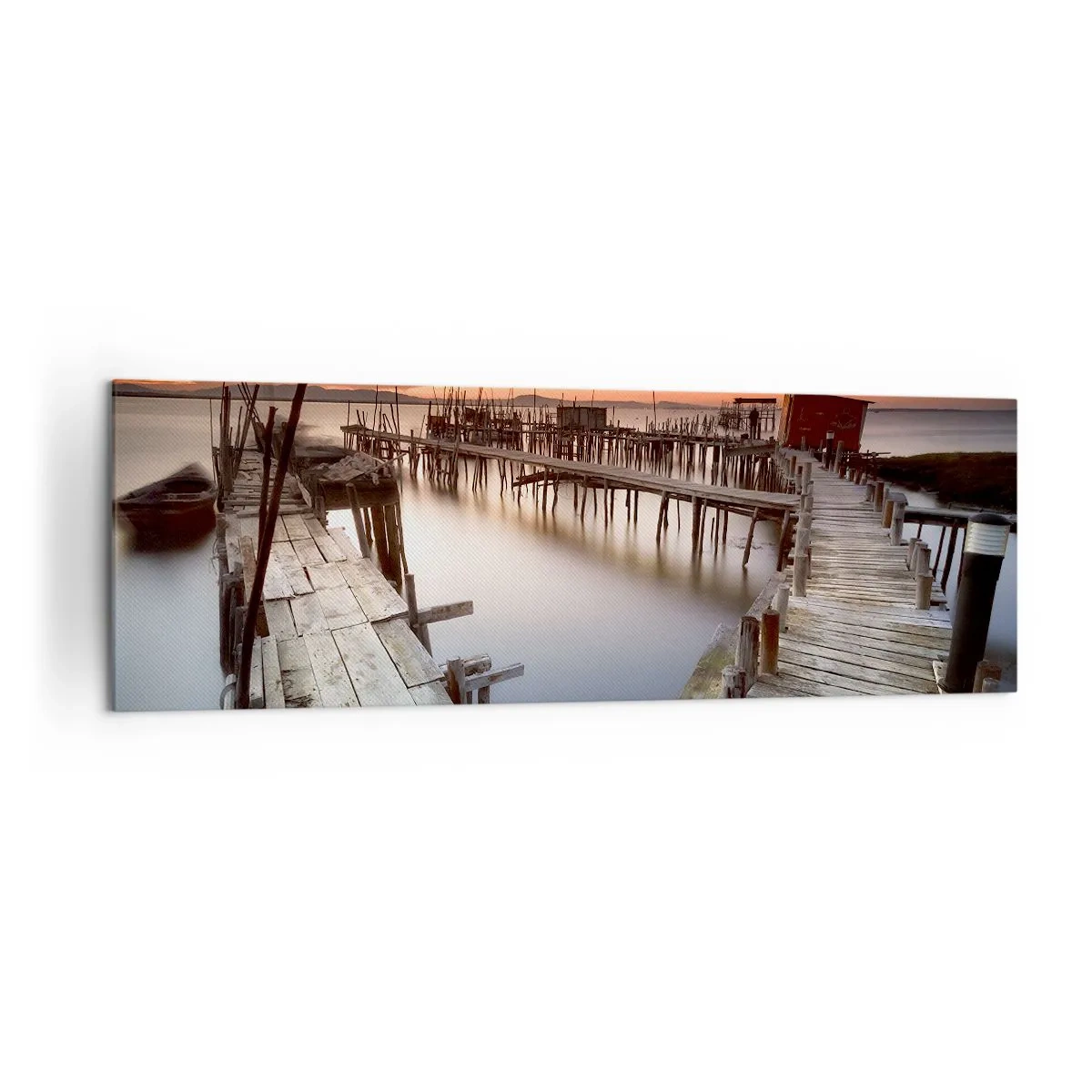 Impression sur toile - Image sur toile - Jetées en bois sur une eau calme au coucher du soleil - 160x50cm - Authentique, pas un attrape touristique - Décoration murale moderne pour le salon et la chambre ARTTOR