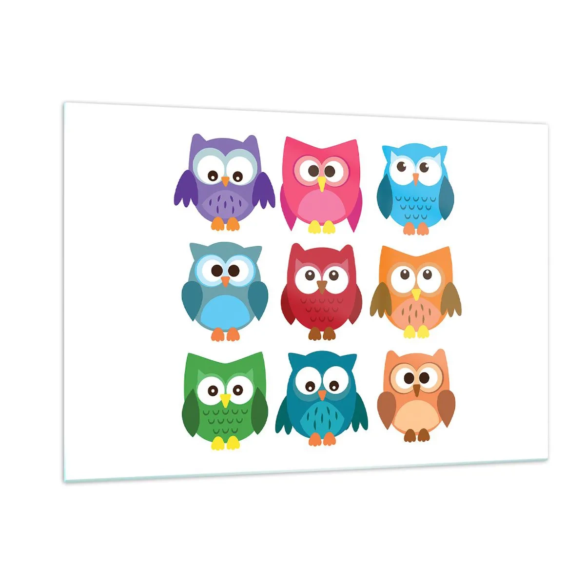 Impression sur verre - Image sur verre - Hiboux colorés dans un style dessin animé sur fond blanc - 120x80cm - C'est amusant d'être différent - Décoration murale moderne pour le salon et la chambre ARTTOR
