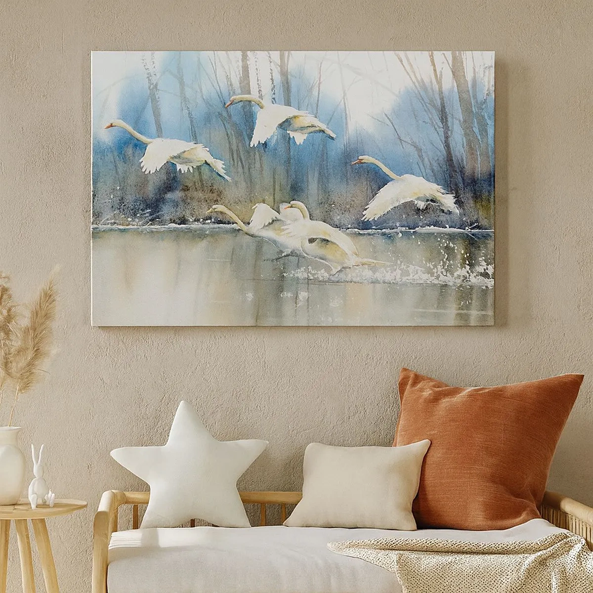 Impression sur toile - Image sur toile - Cygnes en vol au-dessus d'un lac gelé dans un paysage hivernal - 70x50cm - Comme dans un conte de fées sur les cygnes sauvages - Décoration murale moderne pour le salon et la chambre ARTTOR