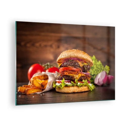 Impression sur verre - Image sur verre - Burger juteux avec garnitures et frites sur fond de bois - 70x50cm - Le fruit défendu - Décoration murale moderne pour le salon et la chambre ARTTOR