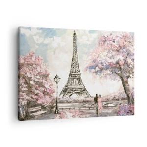 Impression sur toile - Image sur toile - La Tour Eiffel entourée d'arbres en fleurs - 70x50cm - Balade d'avril à Paris - Décoration murale moderne pour le salon et la chambre ARTTOR