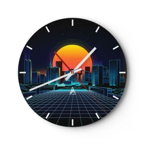 Horloge murale - Pendule murale - Paysage urbain rétro-futuriste avec néons et coucher de soleil - 30x30cm - Vous voulez toujours passer au réel ? - Décoration murale moderne pour le salon, la cuisine et la chambre ARTTOR