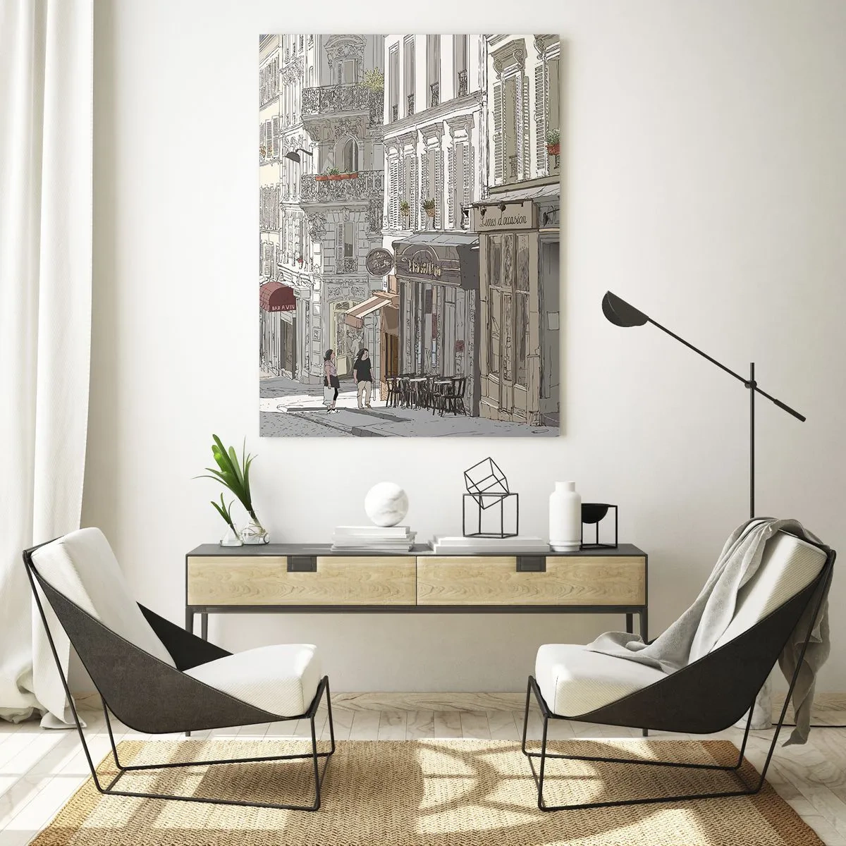 Impression sur verre - Image sur verre - Une rue avec des cafés dans un style urbain artistique - 50x70cm - Joie de la ville - Décoration murale moderne pour le salon et la chambre ARTTOR
