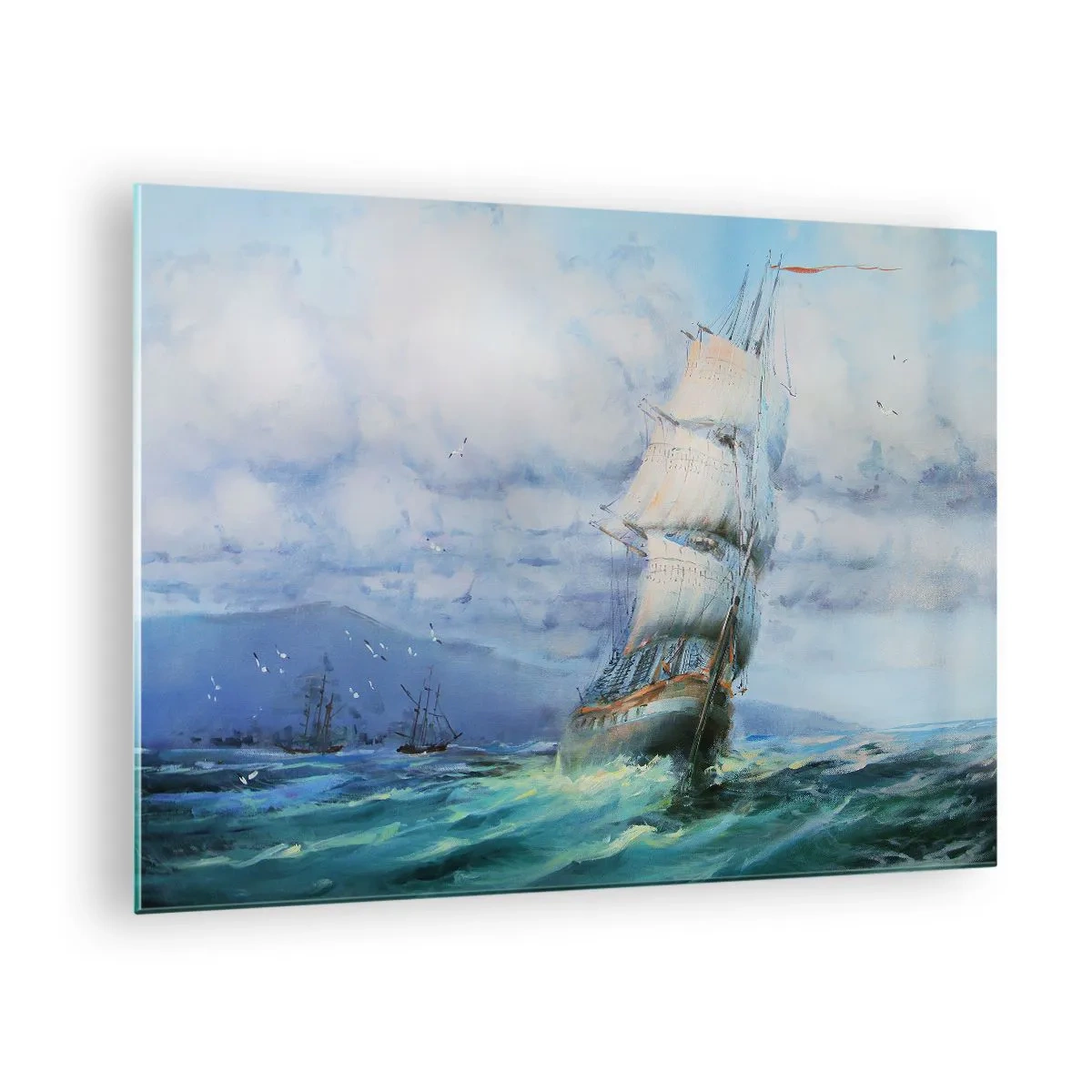 Impression sur verre - Image sur verre - Un navire avec des voiles naviguant sur une mer agitée sous un ciel nuageux - 70x50cm - Vents favorables - Décoration murale moderne pour le salon et la chambre ARTTOR