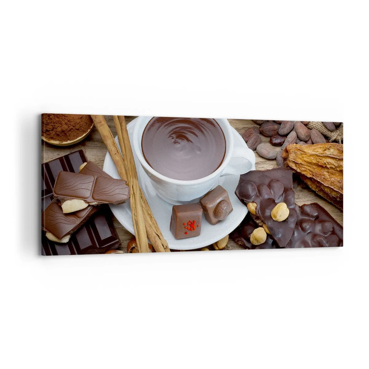Impression sur toile - Image sur toile - Une tasse de chocolat chaud entourée d'ingrédients de dessert - 120x50cm - D'une chocolaterie de conte de fées - Décoration murale moderne pour le salon et la chambre ARTTOR