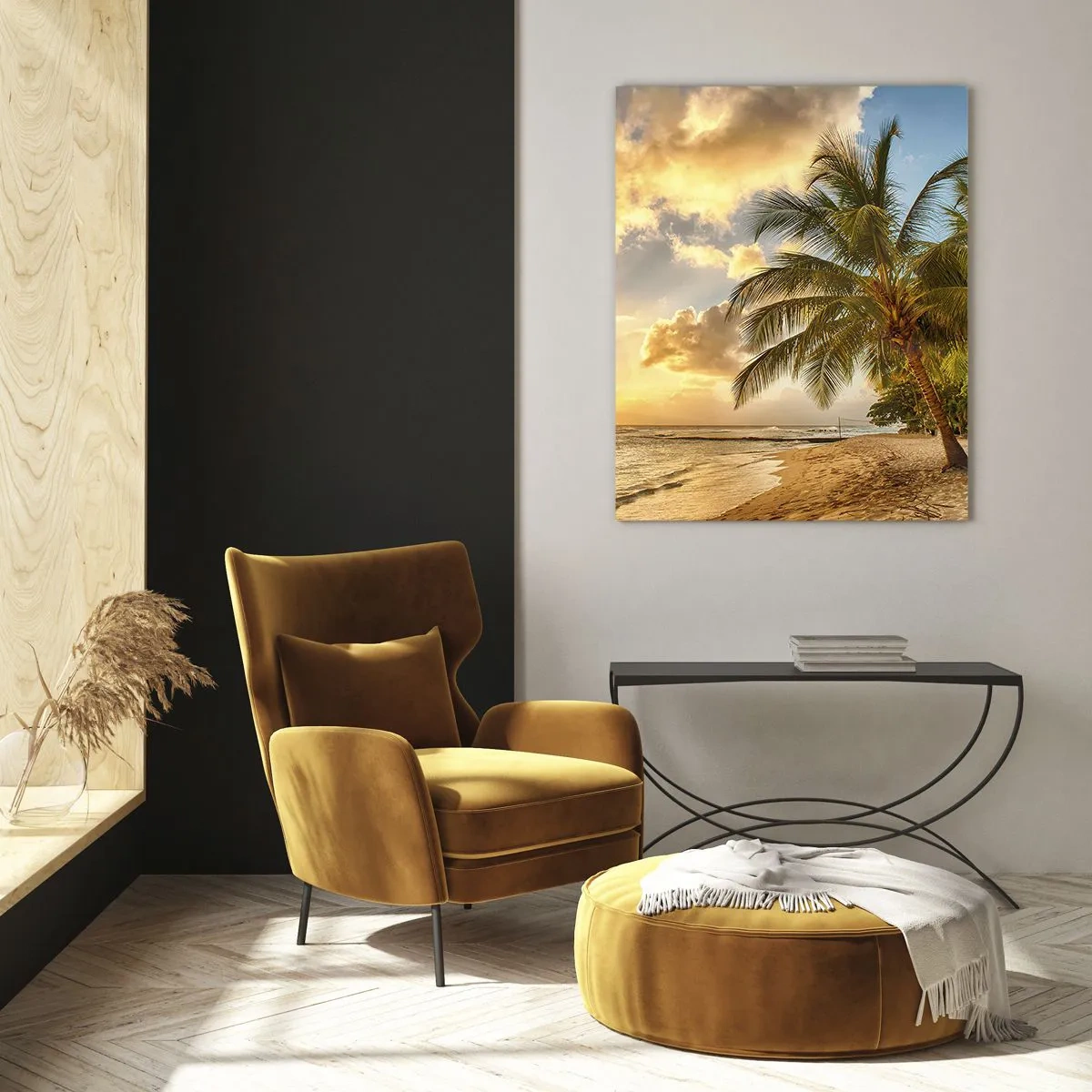 Impression sur verre - Image sur verre - Plage avec palmiers et coucher de soleil sur l'océan - 70x100cm - Été éternel, toujours des vacances - Décoration murale moderne pour le salon et la chambre ARTTOR
