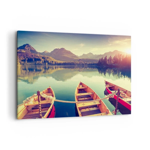 Impression sur toile - Image sur toile - Bateaux sur un lac calme entouré de montagnes au coucher du soleil - 100x70cm - Vivre selon ses règles - Décoration murale moderne pour le salon et la chambre ARTTOR