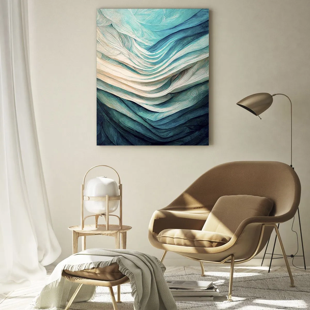 Impression sur verre - Image sur verre - Vagues abstraites dans les tons de bleu et de beige - 50x70cm - Insatiabilité bleue - Décoration murale moderne pour le salon et la chambre ARTTOR