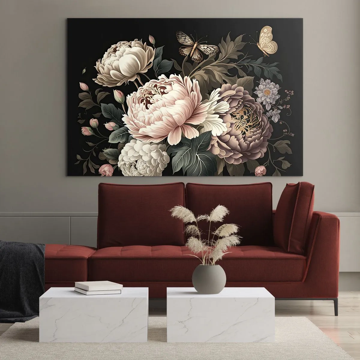 Impression sur verre - Image sur verre - Composition florale avec des papillons sur fond noir - 120x80cm - De style baroque - Décoration murale moderne pour le salon et la chambre ARTTOR