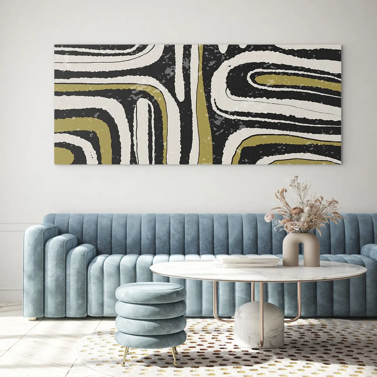 Impression sur verre - Image sur verre - Motif abstrait en noir, blanc et or - 140x50cm - Composition : routes et ruelles - Décoration murale moderne pour le salon et la chambre ARTTOR