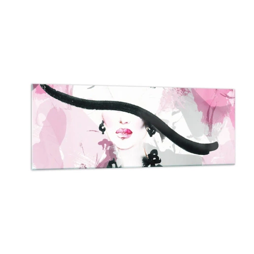 Impression sur verre - Image sur verre - Une femme élégante avec un chapeau sur un fond d'abstractions roses. - 140x50cm - Portrait d'une dame en noir et rose - Décoration murale moderne pour le salon et la chambre ARTTOR