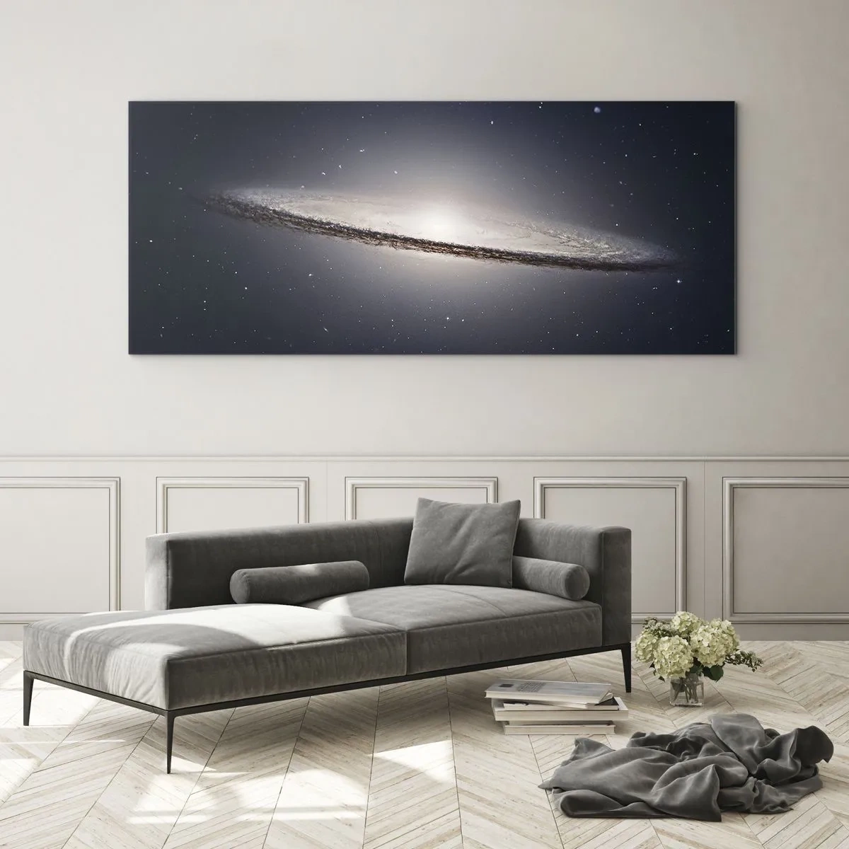 Impression sur verre - Image sur verre - Une galaxie spirale sur fond d'espace étoilé - 160x50cm - Il y a bien longtemps, dans une galaxie très lointaine… - Décoration murale moderne pour le salon et la chambre ARTTOR