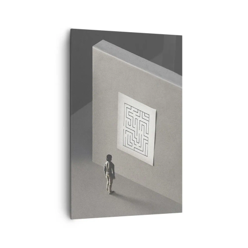 Impression sur toile - Image sur toile - Une figure dans un labyrinthe regardant une carte suspendue - 80x120cm - Mais où suis-je? - Décoration murale moderne pour le salon et la chambre ARTTOR