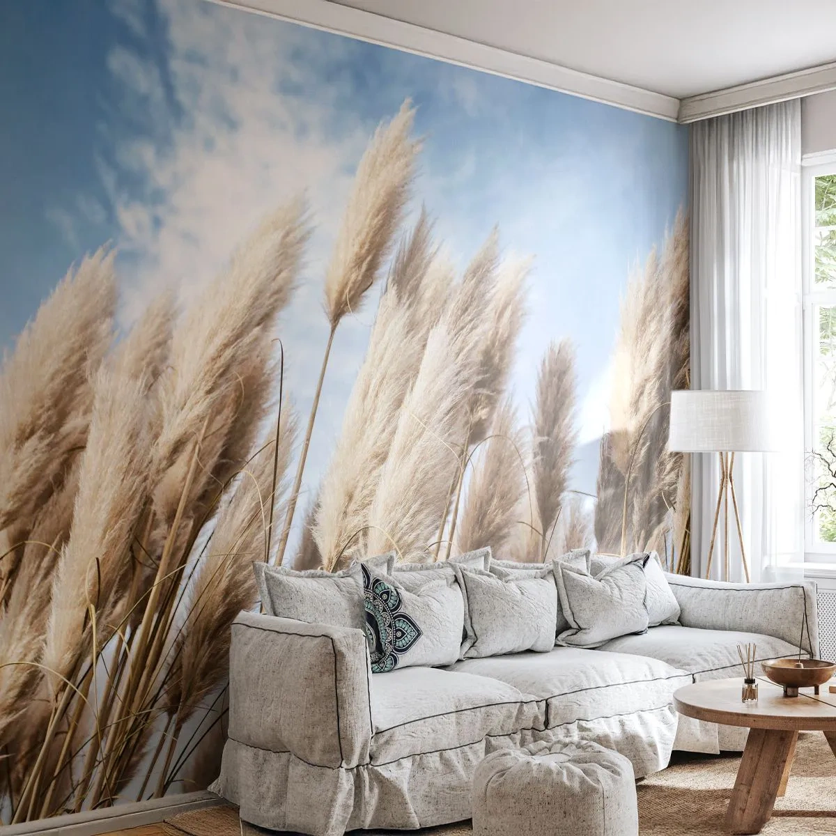 Papier Peint Photo Premium Sand - Herbe de la pampa contre un ciel bleu - 100x70cm - Caresse ensoleillée et venteuse - Décoration murale moderne pour le salon et la chambre ARTTOR