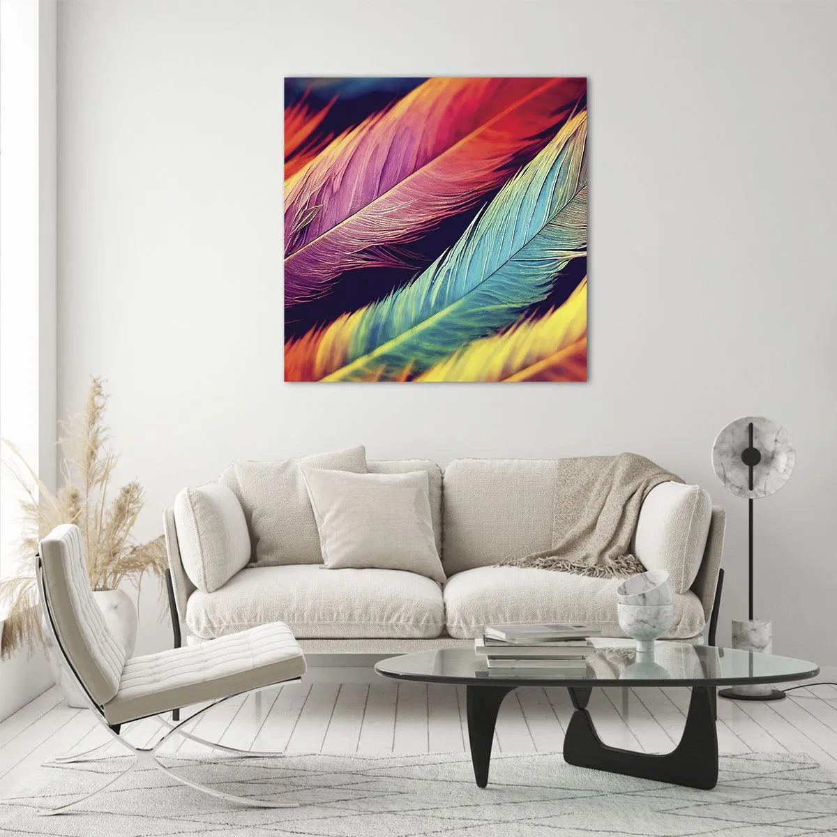 Impression sur verre - Image sur verre - Arc-en-ciel de plumes - 60x60 cm