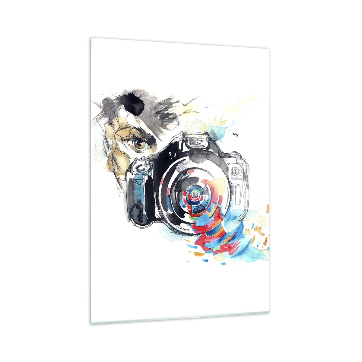 Impression sur verre - Image sur verre - Appareil photo avec des éléments colorés abstraits - 50x70cm - Dans l'oeil de l'objectif - Décoration murale moderne pour le salon et la chambre ARTTOR