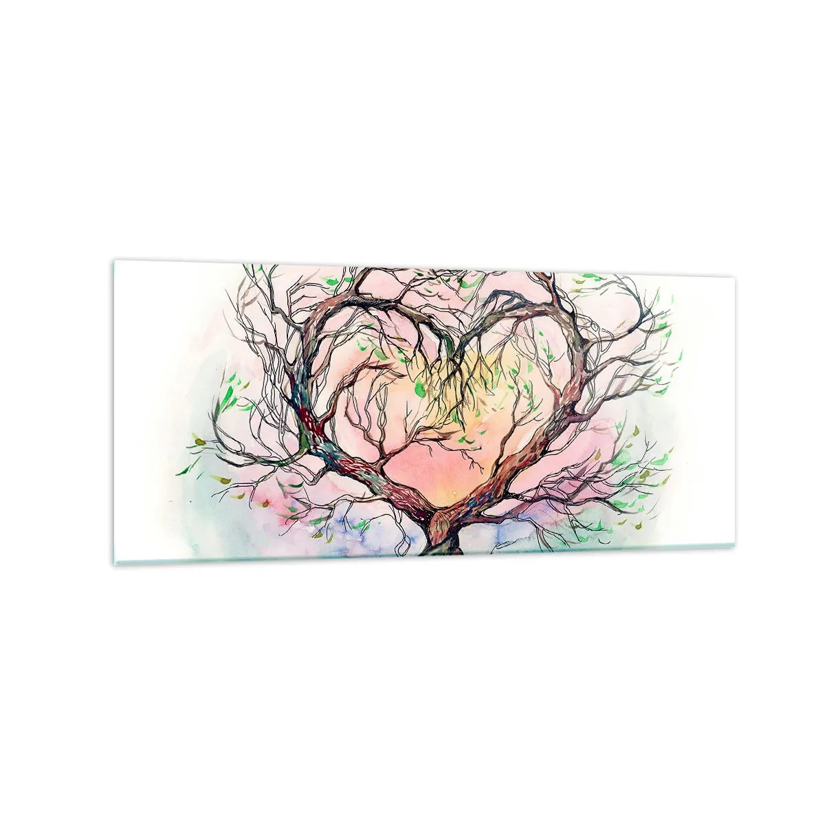 Impression sur verre - Image sur verre - Un arbre en forme de cœur sur un fond de couleurs pastel délicates - 120x50cm - Ensemble contre les tempêtes - Décoration murale moderne pour le salon et la chambre ARTTOR