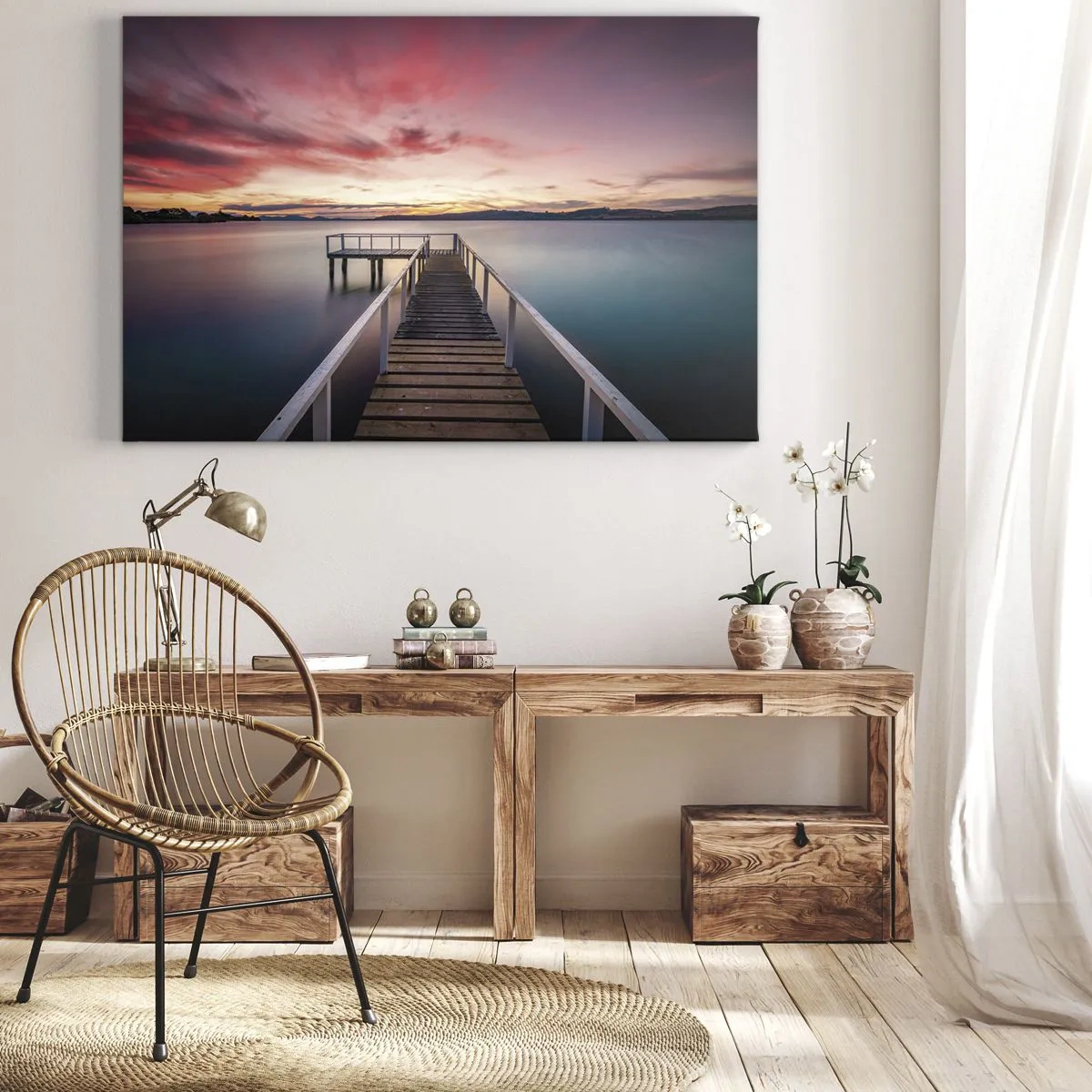 Impression sur toile - Image sur toile - Une jetée menant à un lac tranquille au coucher du soleil - 100x70cm - La douce flamme du soir - Décoration murale moderne pour le salon et la chambre ARTTOR