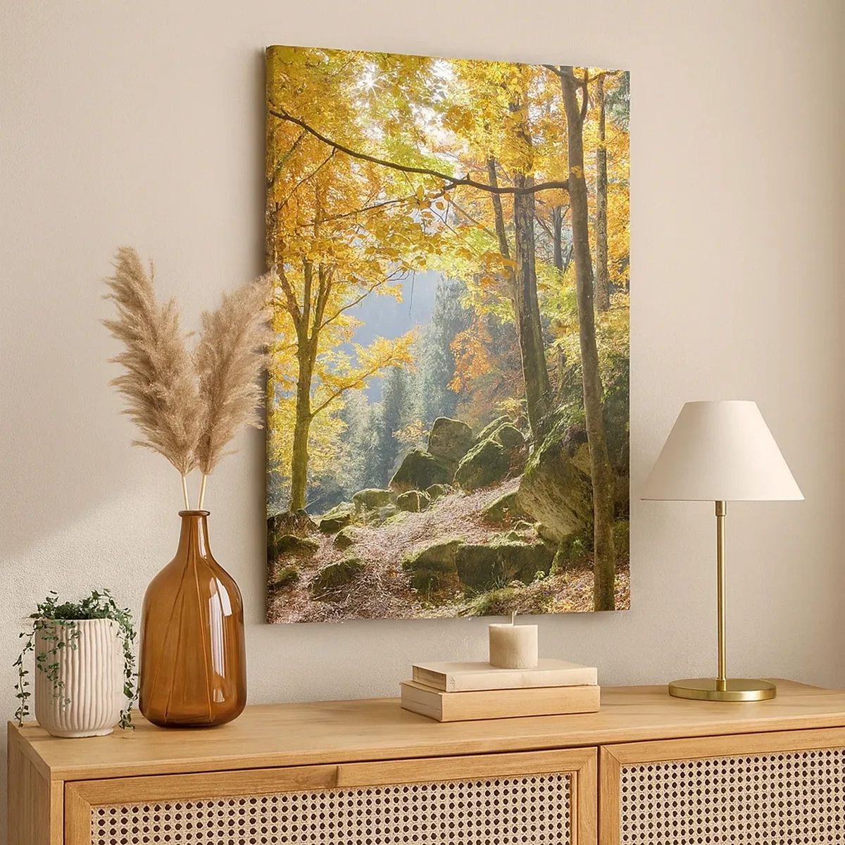 Impression sur toile - Image sur toile - Une forêt d'automne pleine de feuilles dorées et de soleil - 50x70cm - Il est temps de se détendre - Décoration murale moderne pour le salon et la chambre ARTTOR