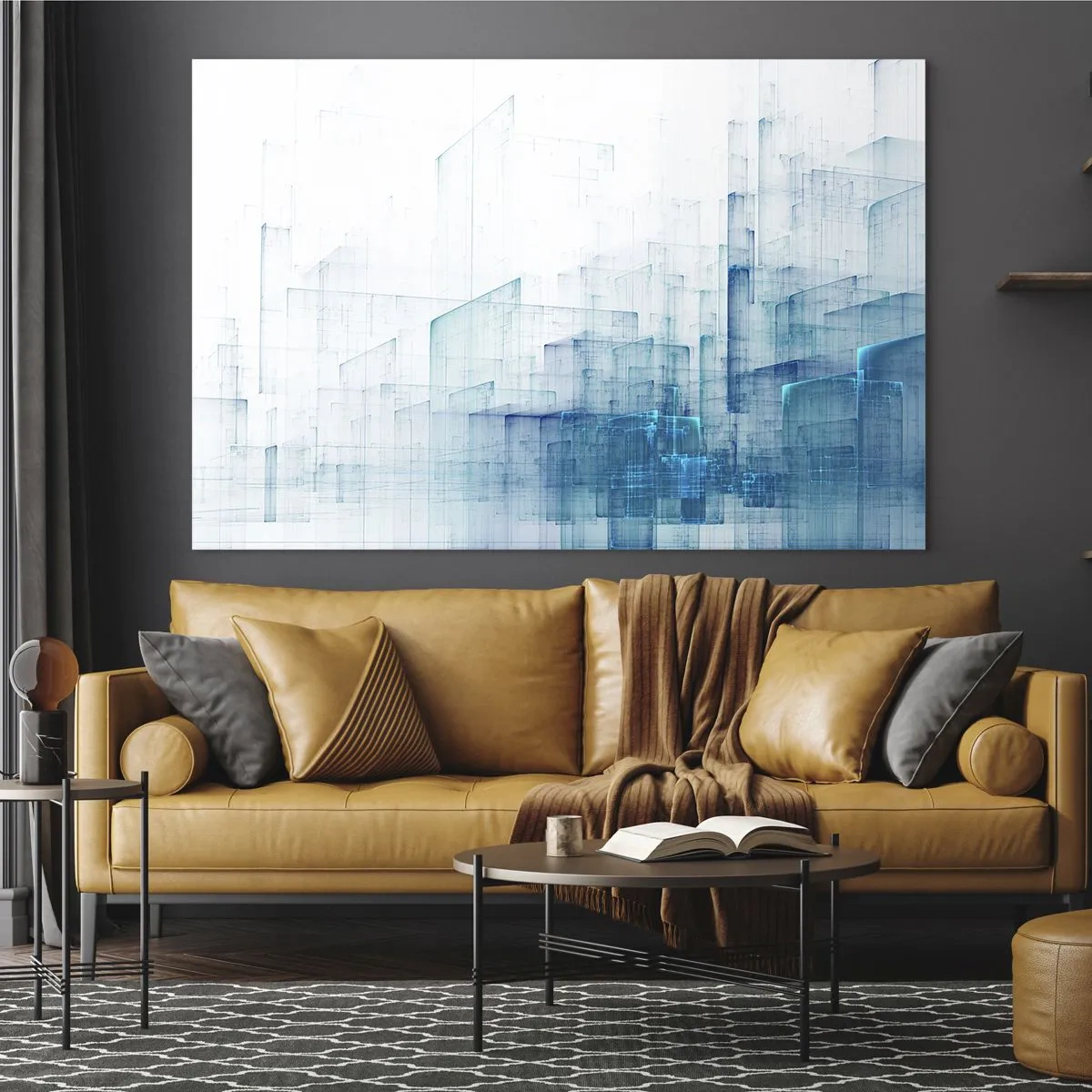 Impression sur verre - Image sur verre - Composition géométrique abstraite dans les tons de bleu - 100x70cm - Comment l’espace s’est formé - Décoration murale moderne pour le salon et la chambre ARTTOR