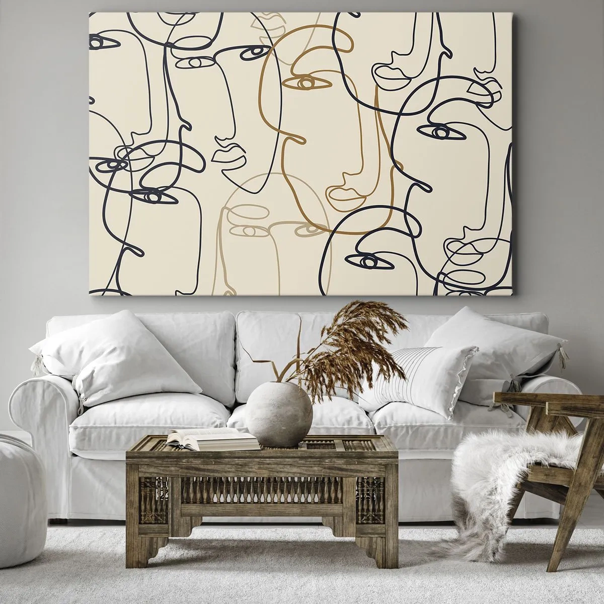 Impression sur toile - Image sur toile - Visages minimalistes au trait sur fond clair - 70x50cm - Portrait multiplié - Décoration murale moderne pour le salon et la chambre ARTTOR