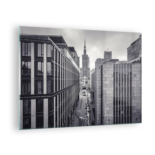 Impression sur verre - Image sur verre - Vue de la ville en noir et blanc avec des gratte-ciel et une rue - 70x50cm - Vallée de Varsovie - Décoration murale moderne pour le salon et la chambre ARTTOR