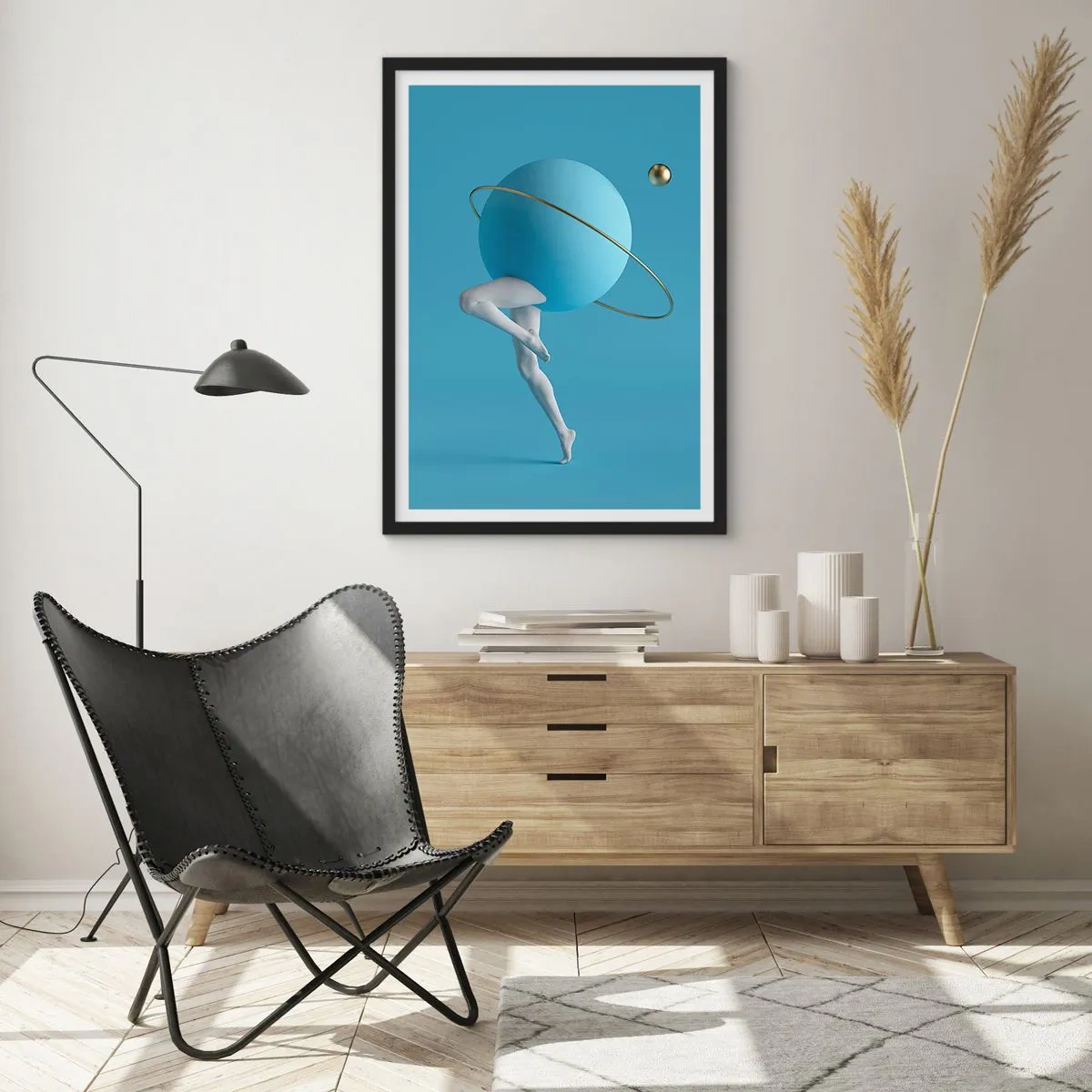 Affiche dans un cadre noir - Poster - Une figure avec une planète pour tête dans une composition surréaliste - 50x70cm - Et les planètes deviennent folles - Décoration murale moderne pour le salon et la chambre ARTTOR