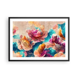 Affiche dans un cadre noir - Poster - Fleurs colorées sur fond beige - 70x50cm - Splendeur colorée du bouquet - Décoration murale moderne pour le salon et la chambre ARTTOR
