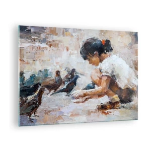Impression sur verre - Image sur verre - Une fille nourrissant des oiseaux sur un fond impressionniste - 70x50cm - Les plus petits et les plus gentils - Décoration murale moderne pour le salon et la chambre ARTTOR