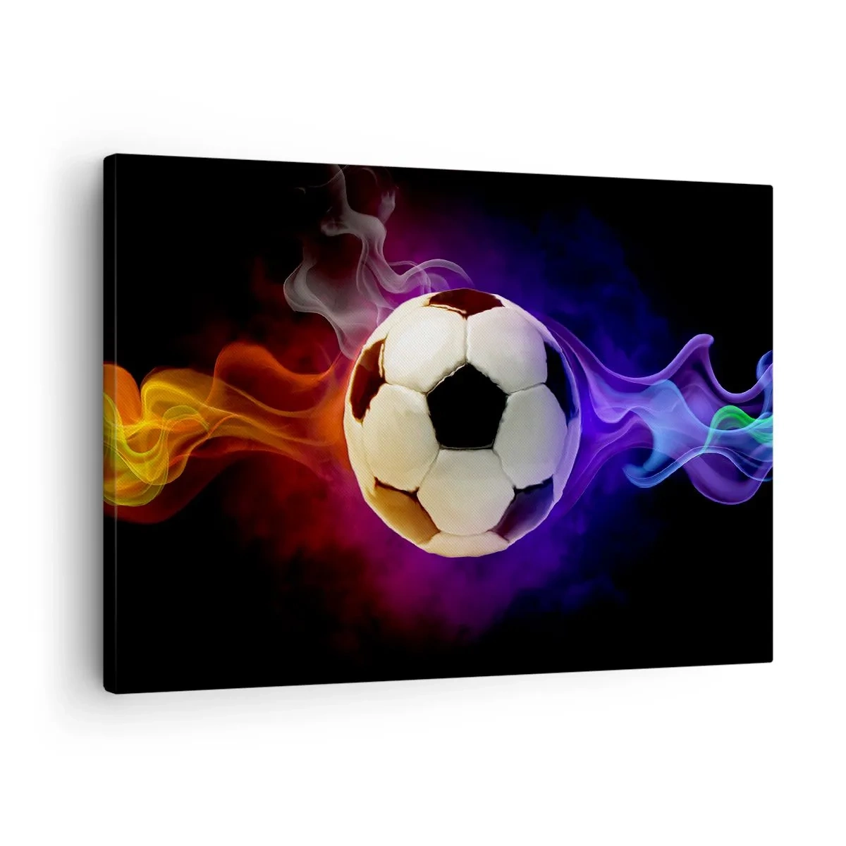 Impression sur toile - Image sur toile - Un ballon de football entouré d'effets de fumée colorés sur un fond sombre. - 70x50cm - Le pouvoir magique du jeu - Décoration murale moderne pour le salon et la chambre ARTTOR