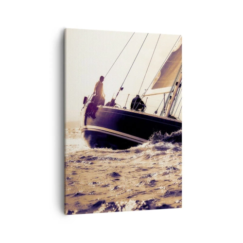 Impression sur toile - Image sur toile - Un yacht sur une mer agitée à la lumière du soleil couchant - 50x70cm - Navigue, marin - Décoration murale moderne pour le salon et la chambre ARTTOR