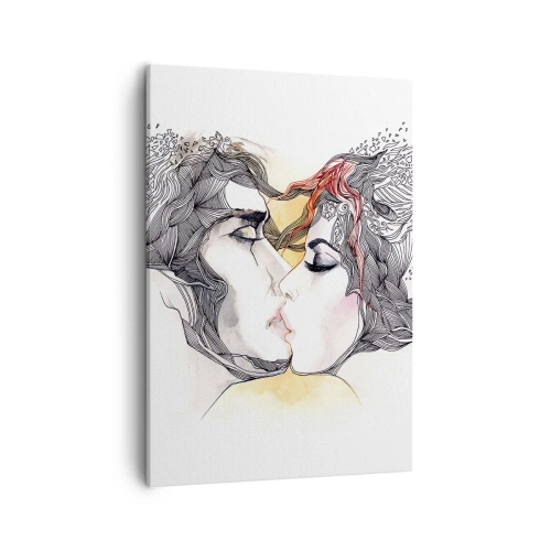 Impression sur toile - Image sur toile - Portrait artistique d'un couple avec des motifs de cheveux abstraits - 50x70cm - Le monde n'existe pas - Décoration murale moderne pour le salon et la chambre ARTTOR