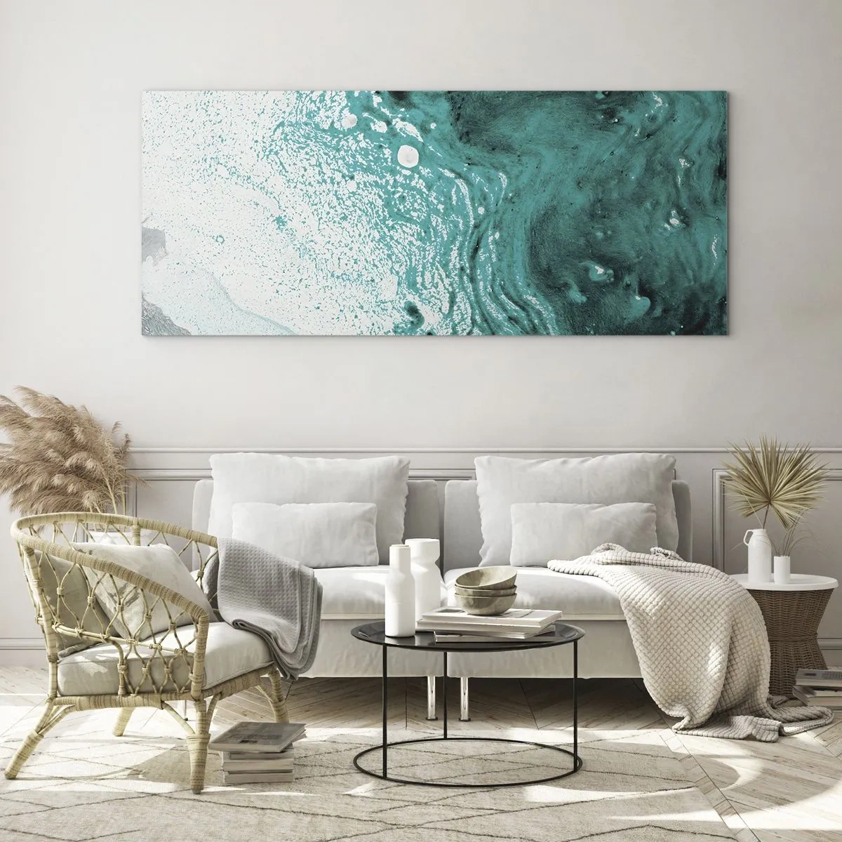 Impression sur verre - Image sur verre - Composition abstraite dans des tons turquoise sur fond blanc - 160x50cm - Se fondre dans le bleu et le turquoise - Décoration murale moderne pour le salon et la chambre ARTTOR