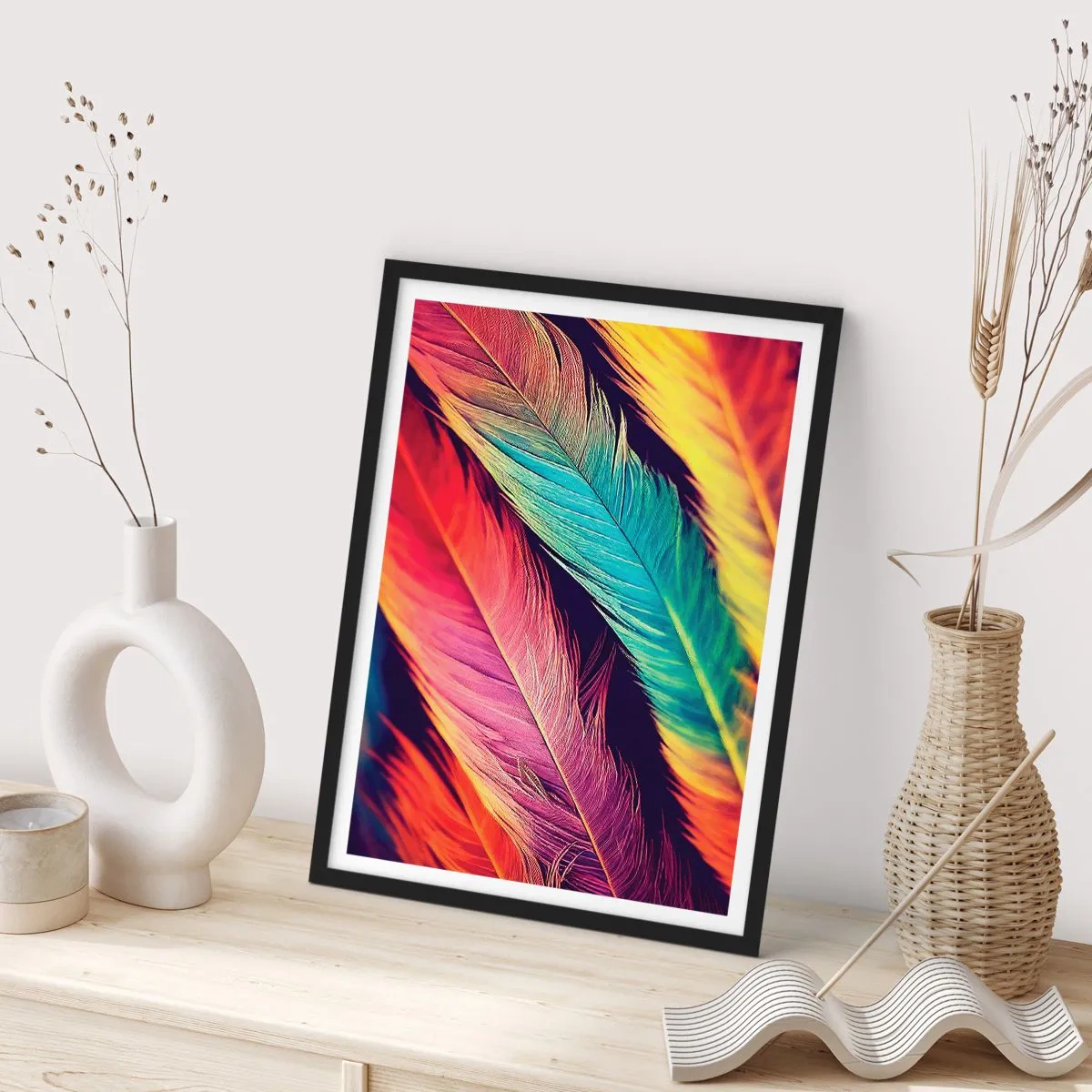 Affiche dans un cadre noir - Poster - Plumes colorées aux tons vibrants sur fond sombre - 50x70cm - Arc-en-ciel de plumes - Décoration murale moderne pour le salon et la chambre ARTTOR