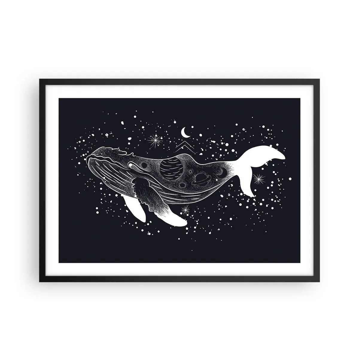 Affiche dans un cadre noir - Poster - Une illustration graphique d'une baleine dans un style de l'ère spatiale. - 70x50cm - Dans l'océan de l'univers - Décoration murale moderne pour le salon et la chambre ARTTOR