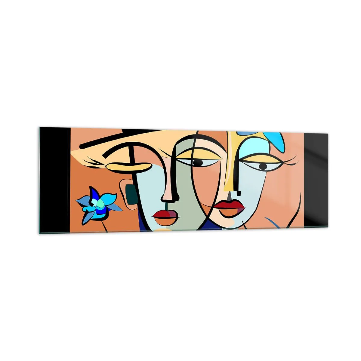 Impression sur verre - Image sur verre - Portraits cubistes aux couleurs vives avec un motif floral - 160x50cm - Le Rendez-vous de Picasso - Décoration murale moderne pour le salon et la chambre ARTTOR