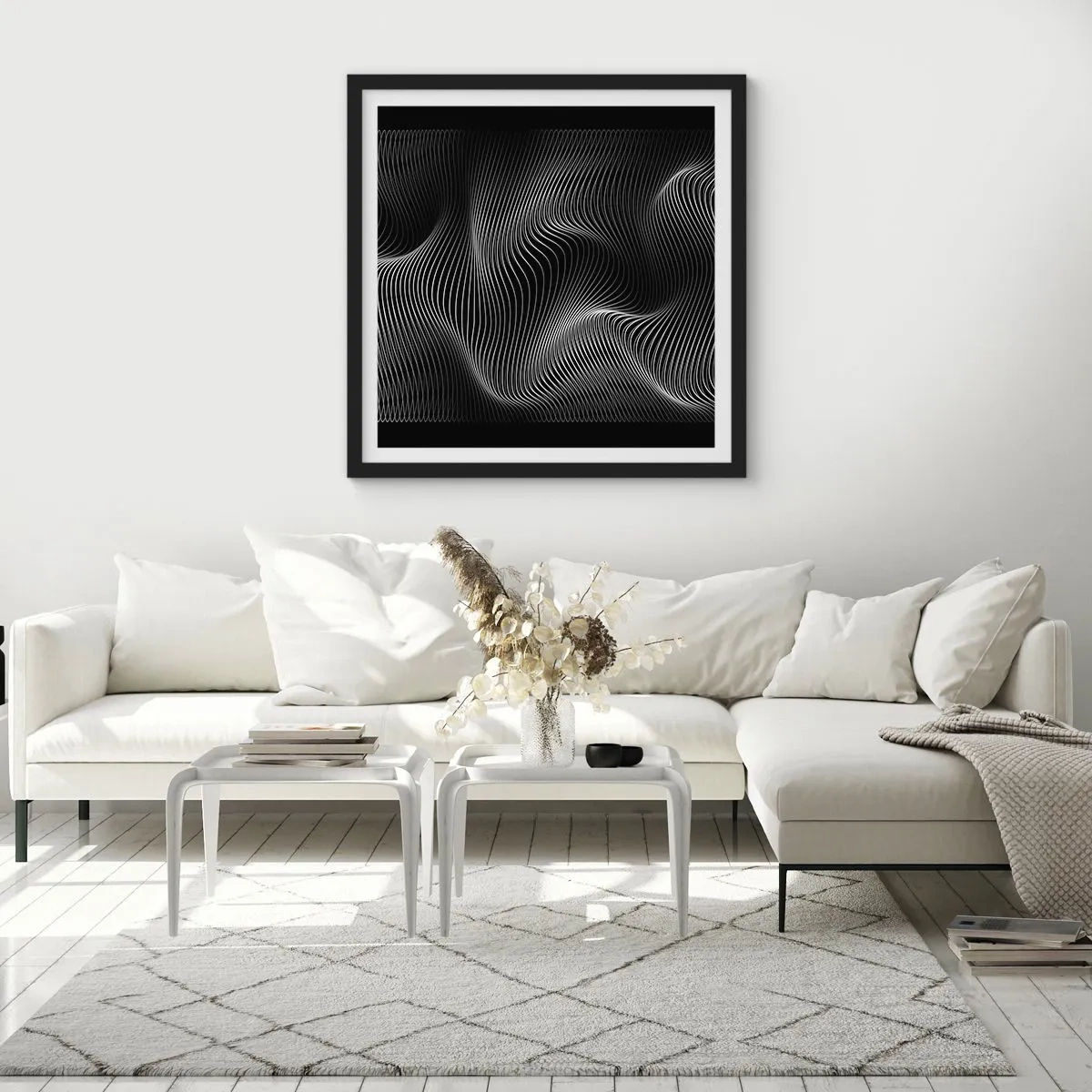 Affiche dans un cadre noir - Poster - Danse de lumière dans l'espace - 60x60 cm