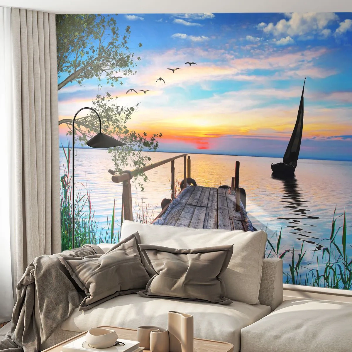 Papier Peint Autocollant Deluxe Sticker - Bonsoir! - Paysage, Lac, Pont de bois - 100x70 cm