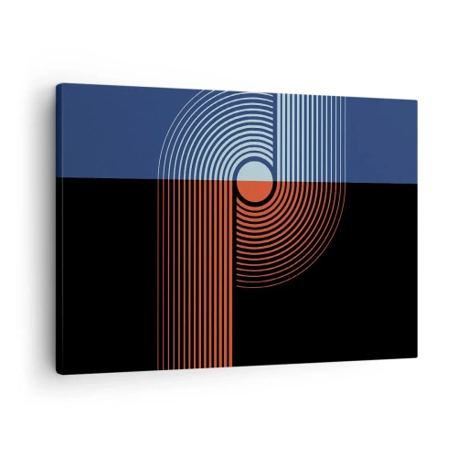 Impression sur toile - Image sur toile - Abstraction géométrique avec des lignes bleu marine et orange. - 70x50cm - Dans une étreinte géométrique - Décoration murale moderne pour le salon et la chambre ARTTOR