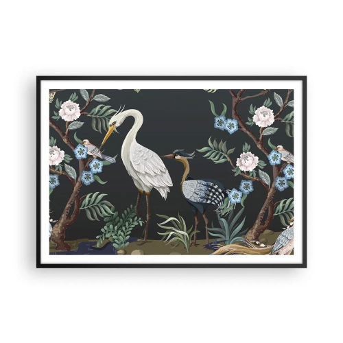 Affiche dans un cadre noir - Poster - Oiseaux et plantes peints sur un fond sombre avec un motif élégant - 100x70cm - Parade d'oiseaux - Décoration murale moderne pour le salon et la chambre ARTTOR