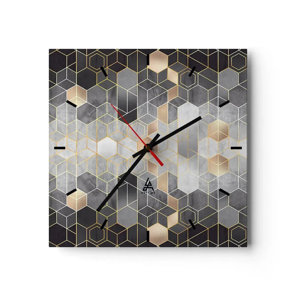 Horloge murale - Pendule murale - Motif géométrique dans des tons dorés - 30x30cm - Composition de diamants - Décoration murale moderne pour le salon et la chambre ARTTOR