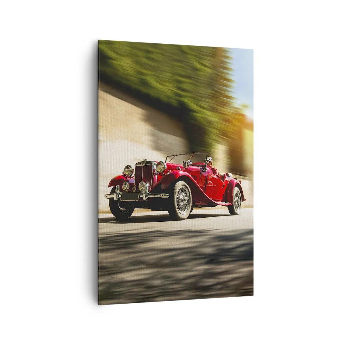 Impression sur toile - Image sur toile - Voiture classique rouge en mouvement dans une rue ensoleillée - 80x120cm - Plus belle que Nike de Samothrace - Décoration murale moderne pour le salon et la chambre ARTTOR