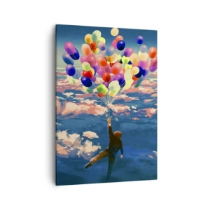 Impression sur toile - Image sur toile - Une silhouette flottant au-dessus des nuages avec des ballons colorés - 50x70cm - Un rêve d'enfant devenu réalité - Décoration murale moderne pour le salon et la chambre ARTTOR