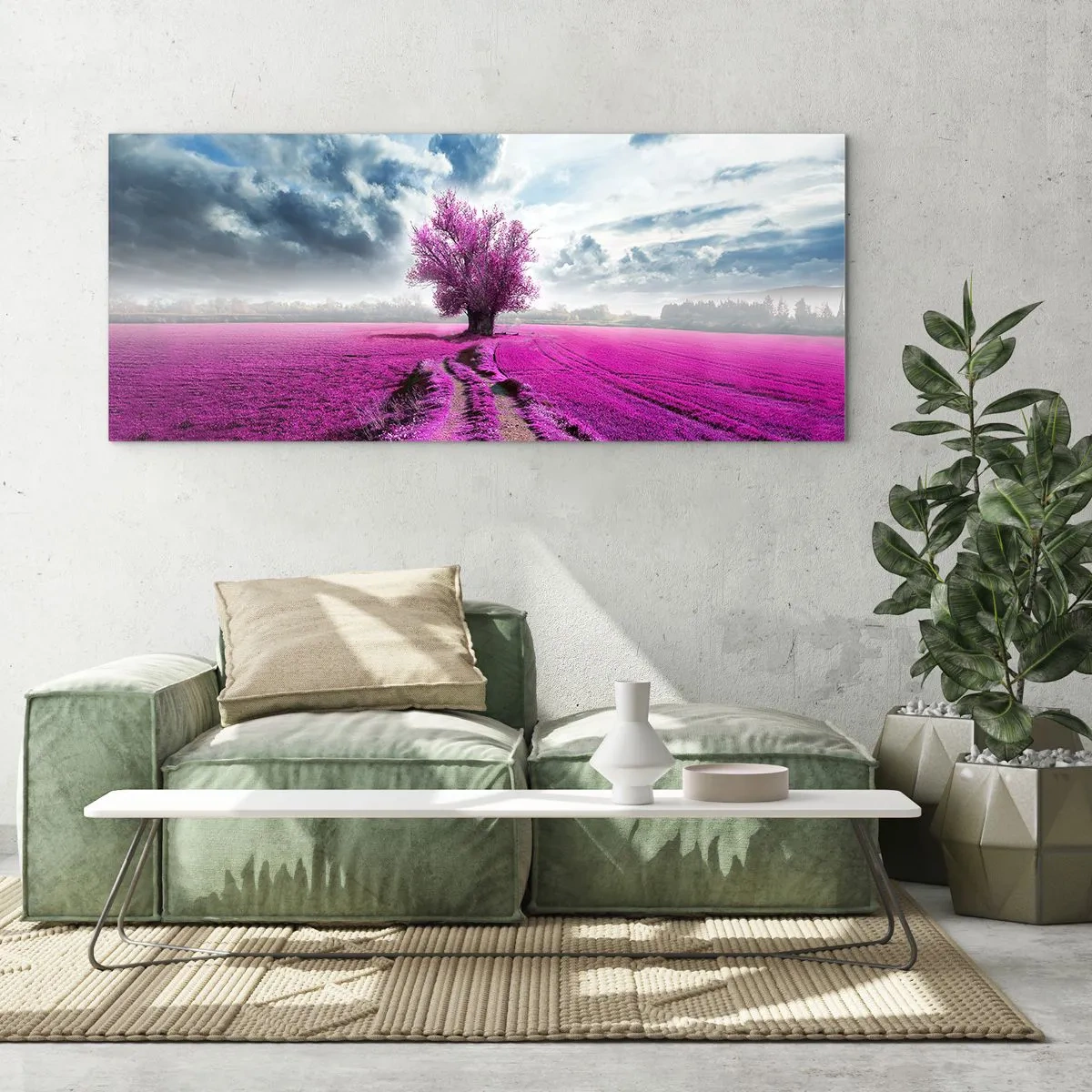 Impression sur verre - Image sur verre - Un arbre solitaire dans un champ dans une nuance de rose intense - 160x50cm - Lande - nature sauvage - Décoration murale moderne pour le salon et la chambre ARTTOR