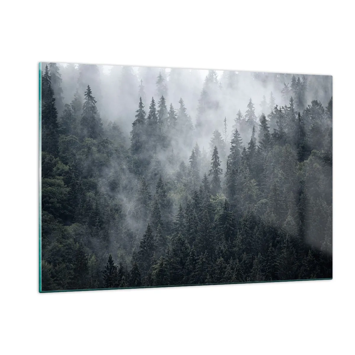 Impression sur verre - Image sur verre - Brouillard suspendu au-dessus de la dense forêt de conifères le matin - 120x80cm - Aube de la forêt - Décoration murale moderne pour le salon et la chambre ARTTOR